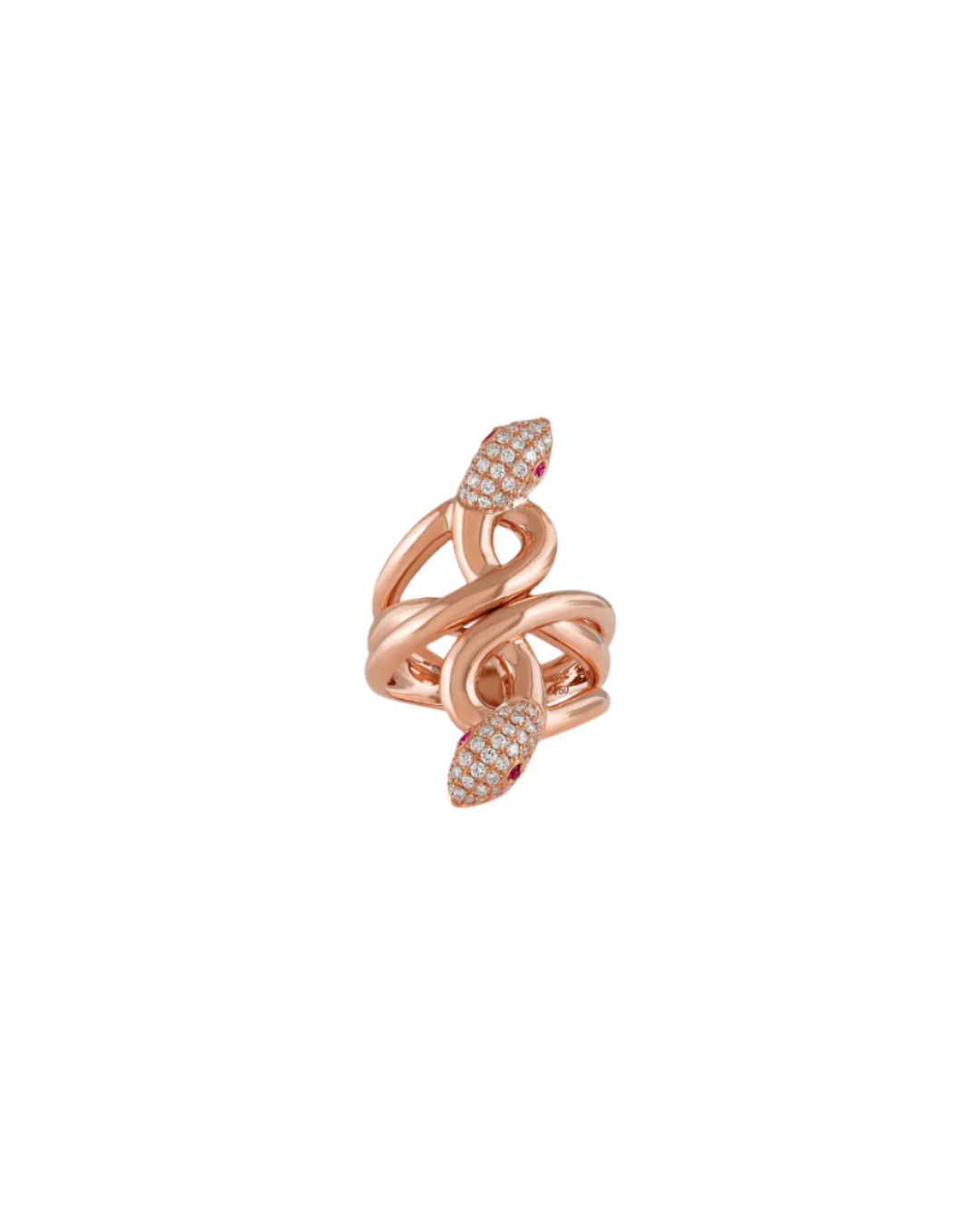 18K rose gold serpent ring by EVA GEMS, diamond snake ring Dubai luxury jewelry, custom-designed snake ring with ruby eyes by EVA GEMS, high-end rose gold diamond ring handcrafted in Dubai, double snake head ring with diamonds by EVA GEMS